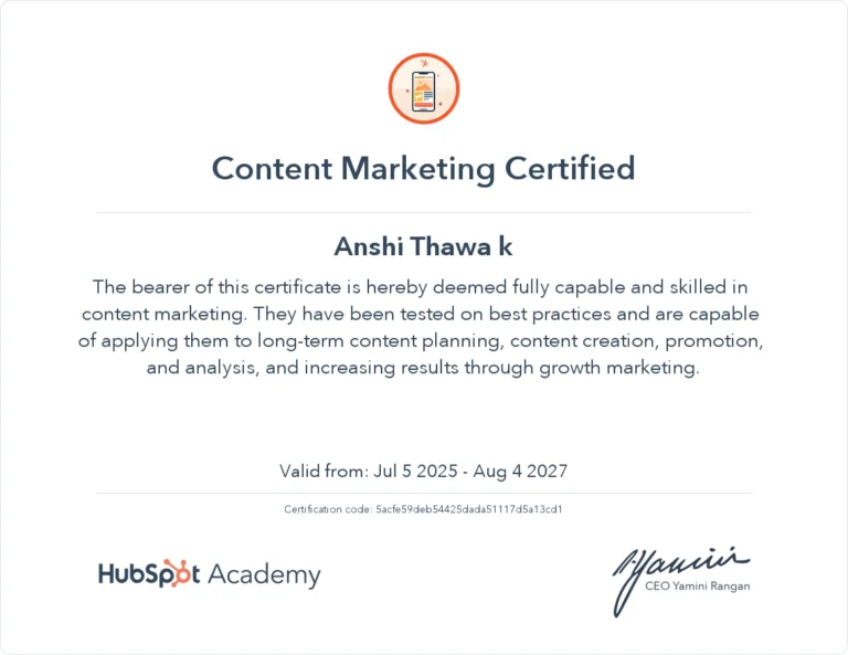 HubSpot certificate of best freelance digital marketing consultant in dubai